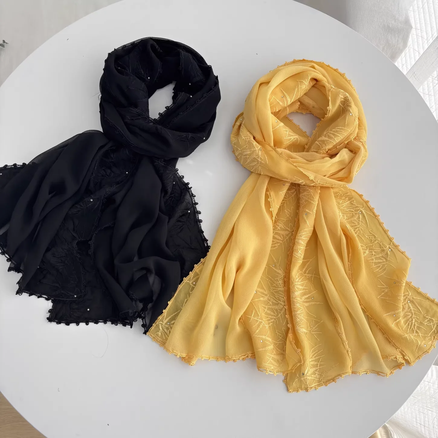 

2026 Women's silk scarf black yellow embroidered solid silk neck scarf hijab shoulder cape luxury women's scarves