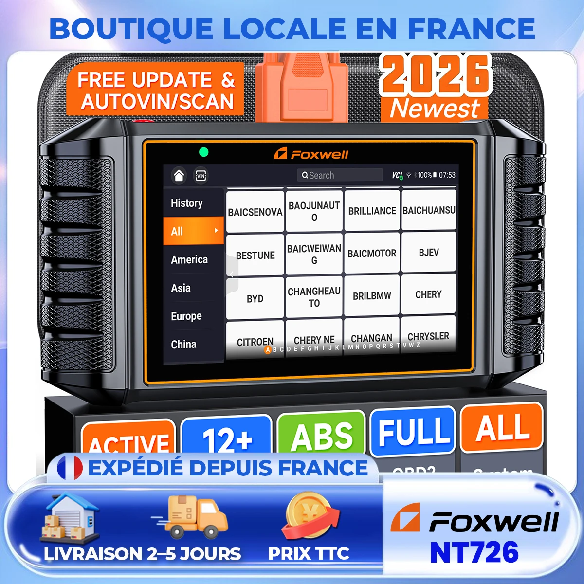 FOXWELL NT726 outil de Diagnostic Scanner OBD2 tout système outil de numérisation bidirectionnel lecteur de Code pour voitures et camions avec 12 réinitialisations