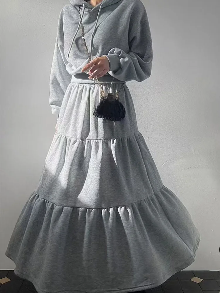 

Женский комплект: худи-джемпер и юбка с эластичным поясом, шикарный повседневный осенне-зимний модный костюм с завышенной талией