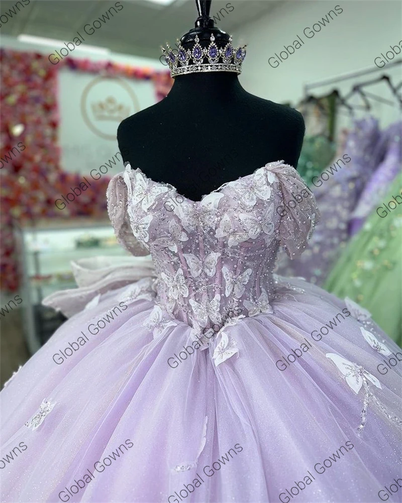 Vestido De quinceañera De encaje púrpura claro, vestido De baile con lazo De cuentas, fiesta De graduación, sin hombros, dulce 16, corte, 15, 2023