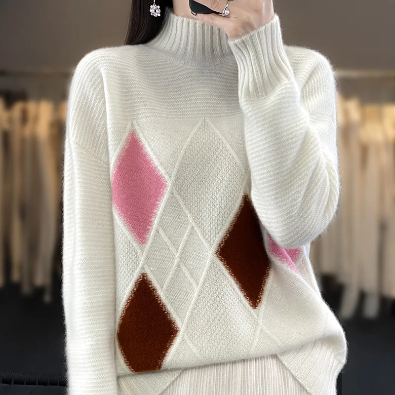 Pullover, cashmere sweater, women\'s loose knit, simple 100% wool, women\'s half high collar, new product, full sleeve sweater,