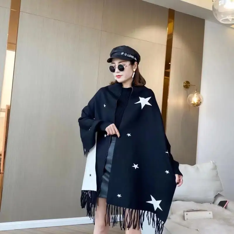 7 Color Outside Mexico Streetwear Stars Printed Cloak Autumn Knitted Tassel Loose Poncho Women Long Sleeves Warm Shawl Knitwear