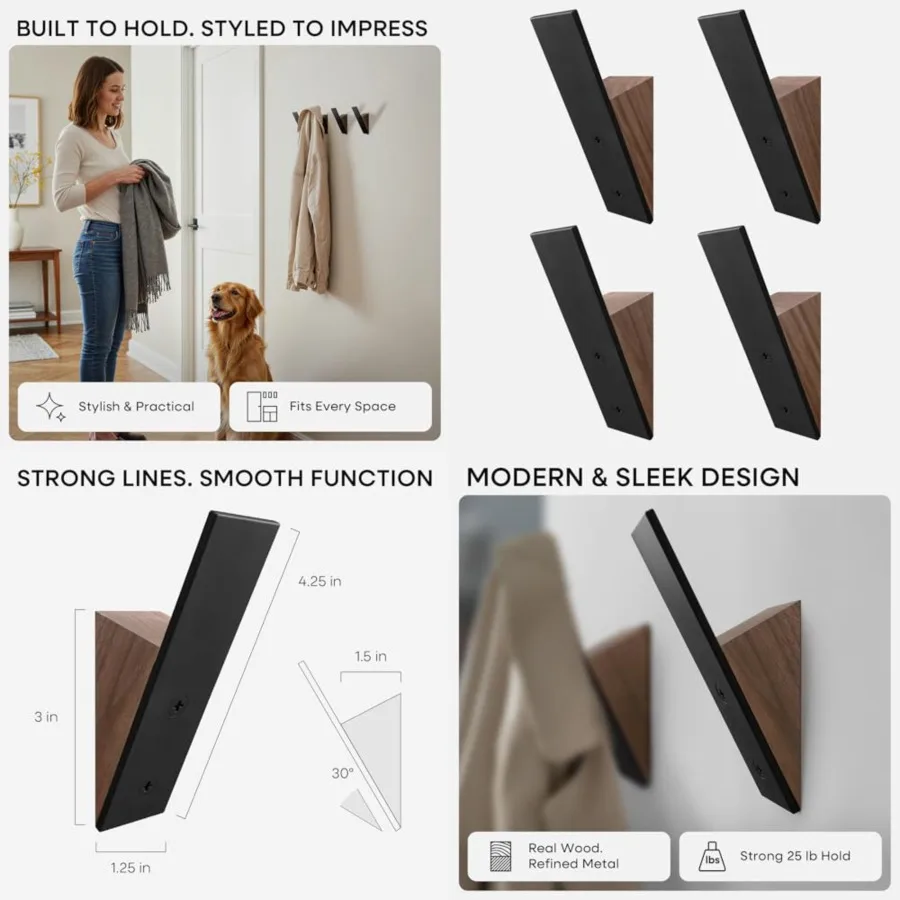 

Walnut Wood Coat Hooks, High End Wood and Metal Wall Mounted Coat Hooks, Mid-Century Modern Clothes Hooks, Heavy Duty Wooden Ho