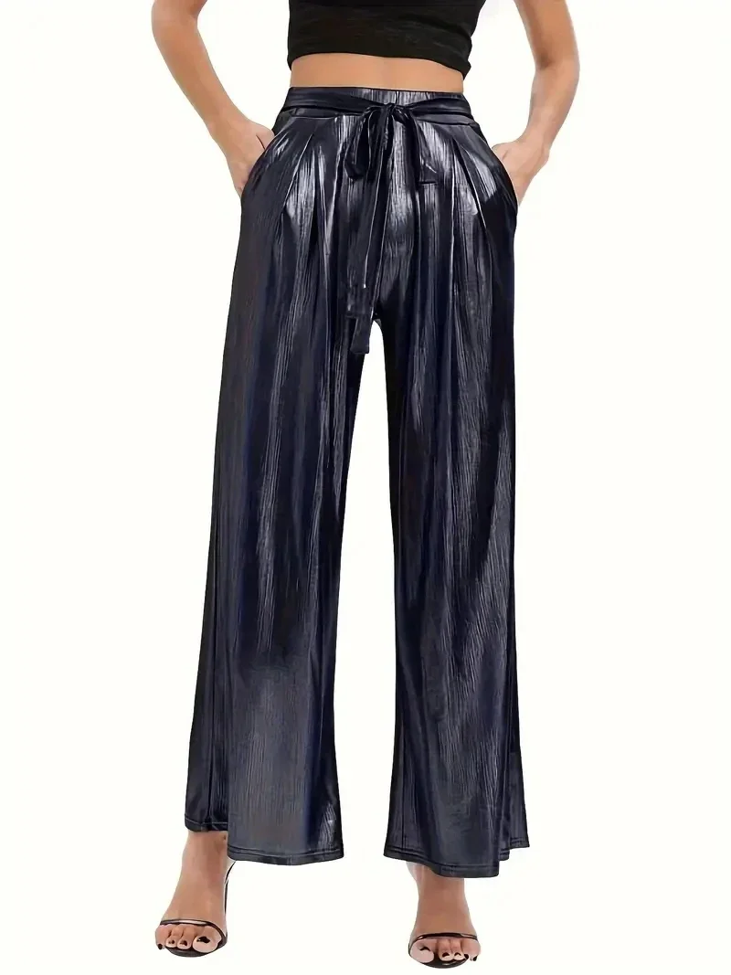 Pocket Wide Leg Pants, Casual Solid Color Belted High Waist Pants, Suitable for Spring and Autumn Season, Women's Clothing