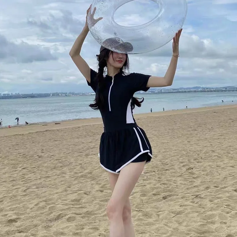 Athletic Black Short Sleeve Two Piece Swimsuit with Zipper Front Contrast Stripe Sporty Swimwear for Beach Pool Vacation - Image 2
