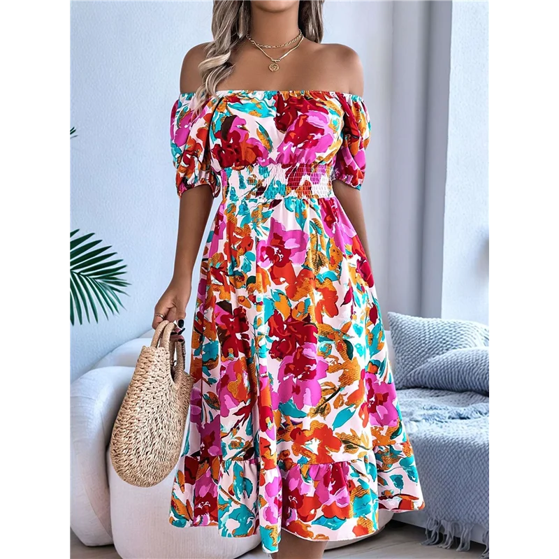 ASDS-ผู้หญิงชุดลําลองฤดูร้อน 2025 ฤดูใบไม้ผลิพัฟแขนสแควร์คอ A-Line Flowy Boho ดอกไม้ Smocked MIDI ชุด