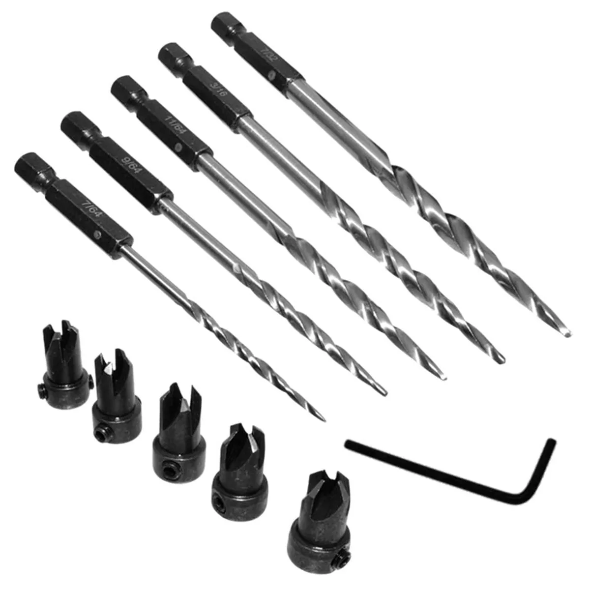 5-Piece Tapered Countersink Drill Bit Set – Hex Shank, Sizes #4-#12, Adjustable Pilot Depth, HSS & Carbon Steel, For Woodworking & Plastics