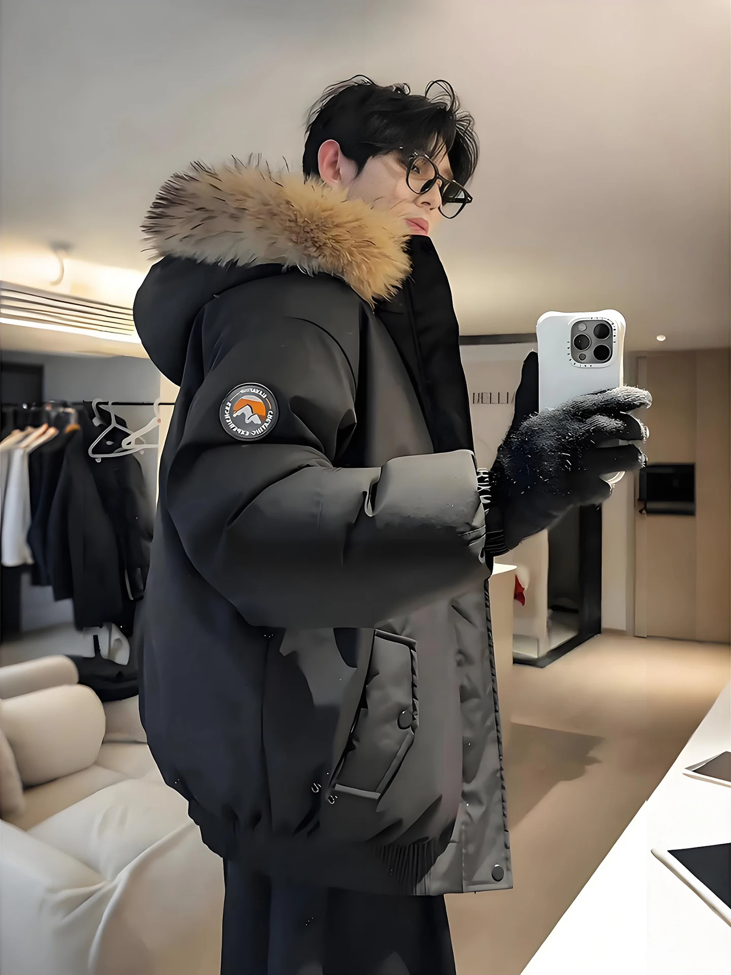 

Men's Thiened Winter Cotton Jaet Bla Fur Collar Warm Workwear Bread Sle Coat American Casual Loose Fit Polyester Fiber