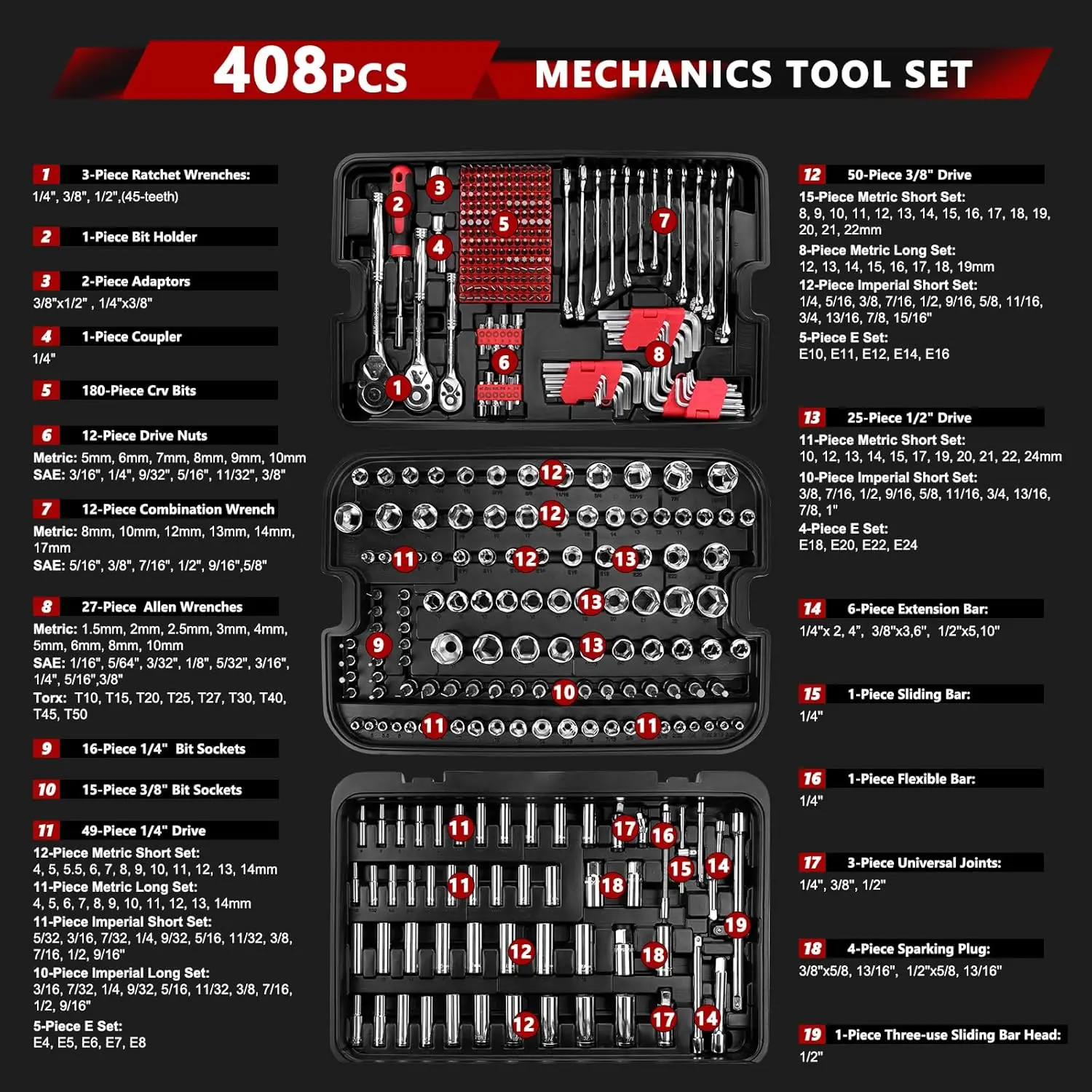 408-Piece Mechanic Tool Set - Socket Set with Heavy Duty Tool Box Storage Case for Home, Automotive, Bike Projects