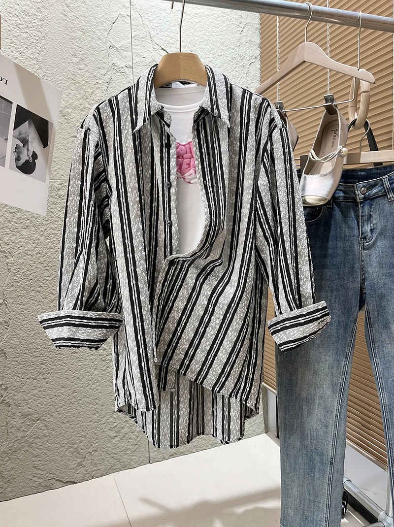 

Texture Casual Striped Color Blo Collar Long Sve Irregular irt for Women Autumn New Artistic Aosphere