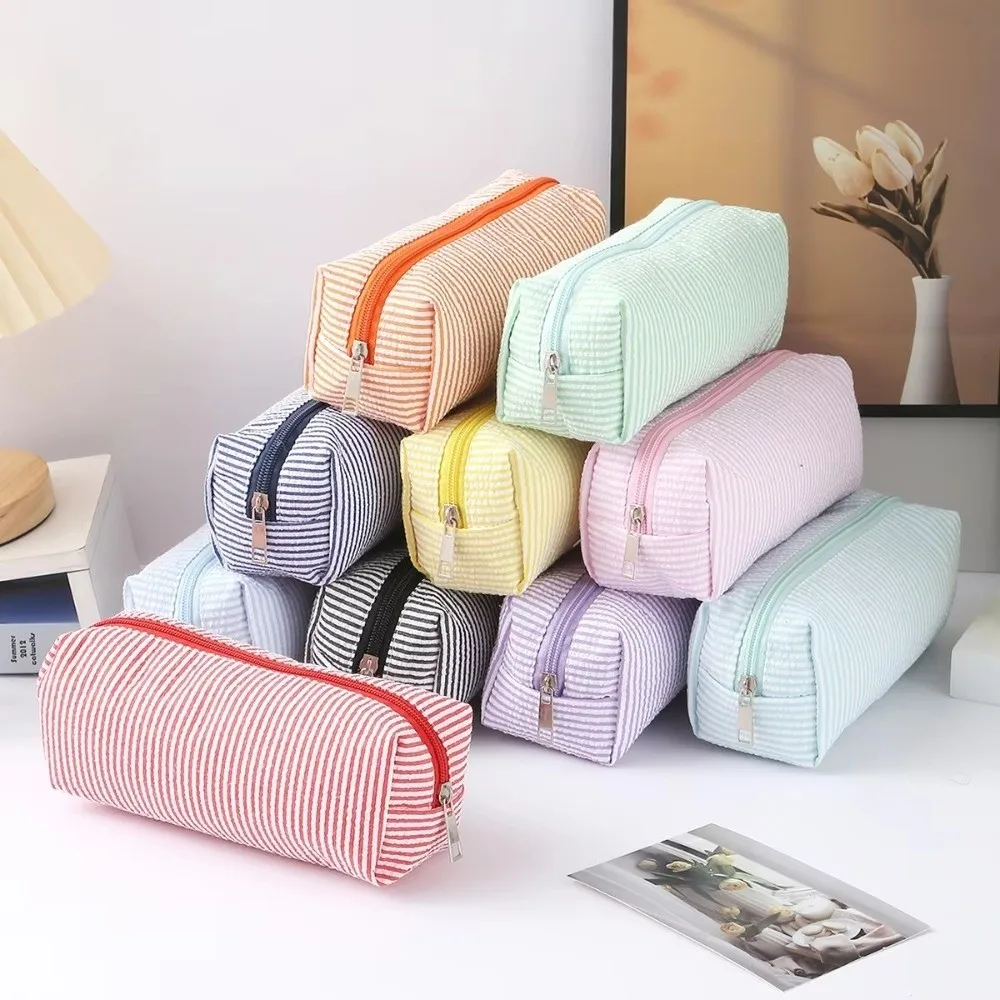 Stripe Pattern Pen Pouch Multi-Purpose Zipper Closure Pencil Case Durable Large Capacity Stationery Storage Bag School Supplies