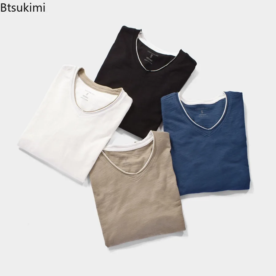 2025 Men's Solid Simple Long Sleeve T-shirts Spring New Cozy Cotton V-neck Casual Tees Tops Retro All-match Men Bottoming Shirts