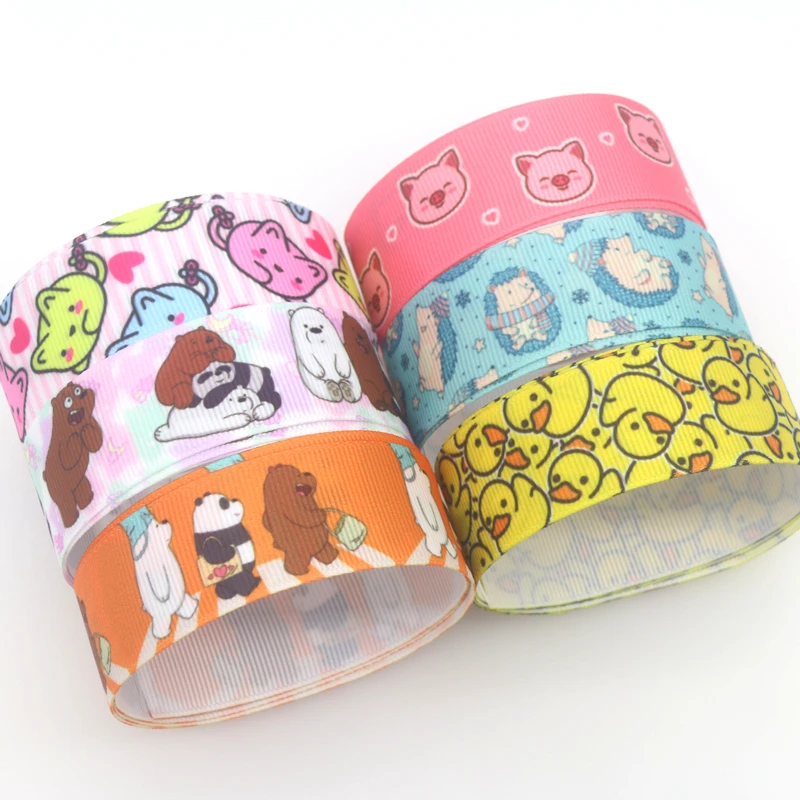 DHK 50yards Bear Duck Pig Hedgehog Printed Grosgrain Ribbon Accessories Material Headwear Decoration DIY Sewing Craft D1960