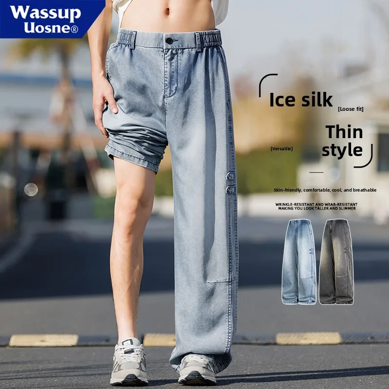 

WASSUP Men's Wide Leg Jeans Loose Fit High Street Sle Summer Spring Low Hanging Ice Sensation Dyeing Straight Leg Pants