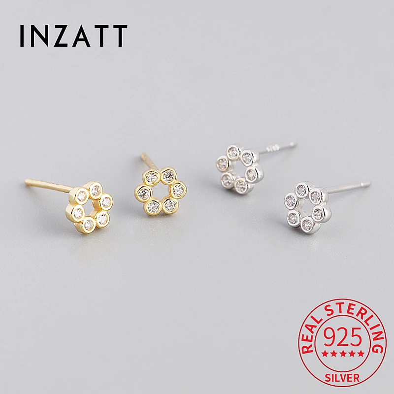 INZATT Real 925 Sterling Silver Zircon Round 14K Gold Stud Earrings For Women Classic Fine Jewelry Geometric Accessories