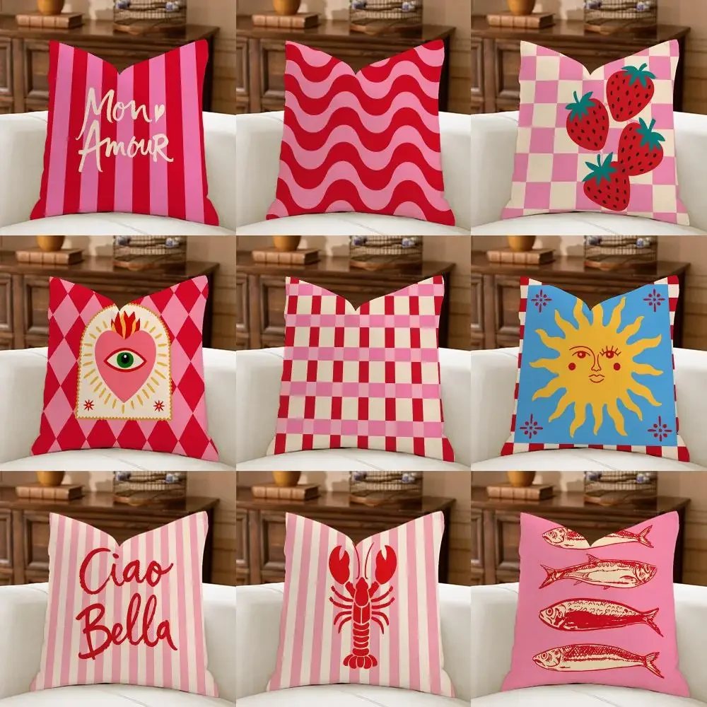 Pink Red Mediterranean Cushion Cover Natural Breathable Durable Linen Printed Decor Pillow Case Sofa Bedroom