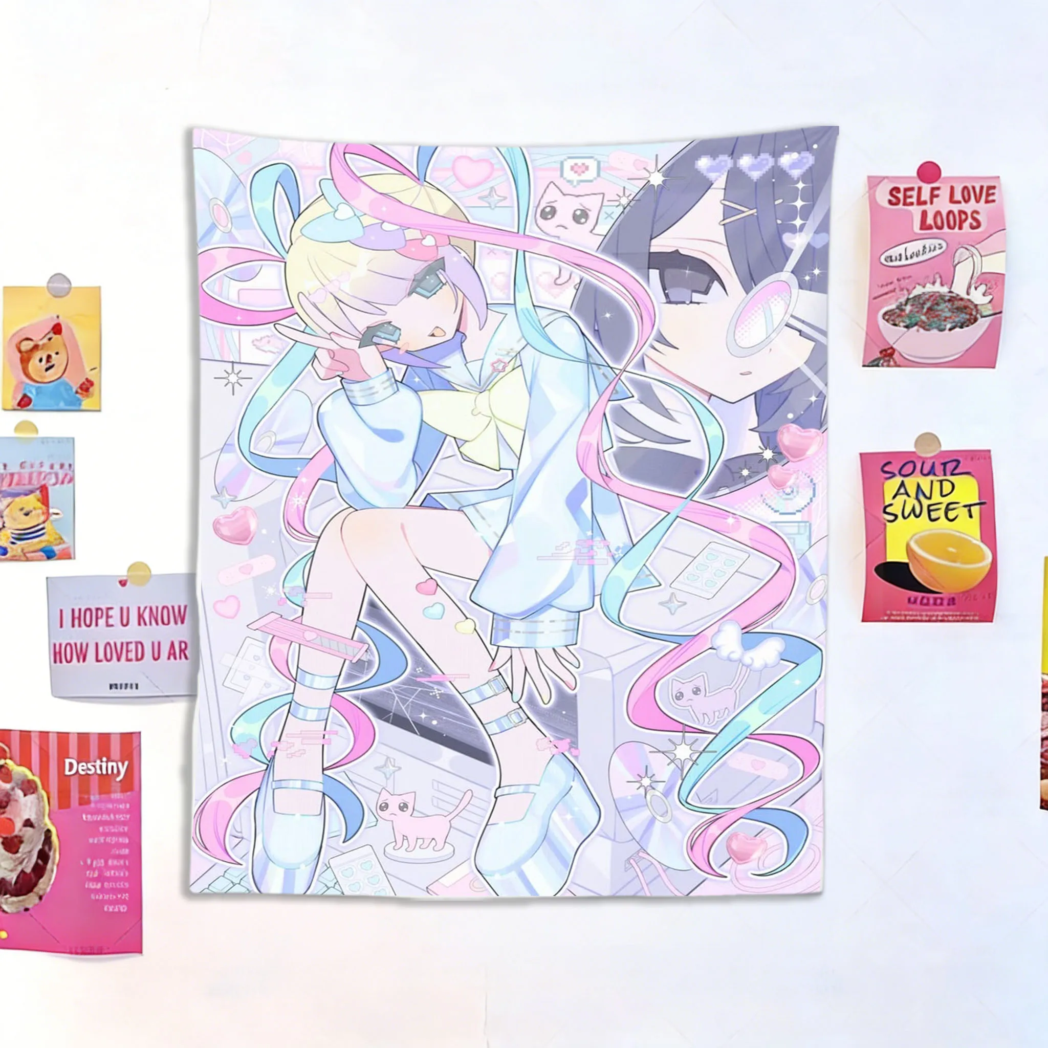 1 Stück Kawaii Anime Mädchen Wandteppich, Pastellfarbener Y2K Cyber Niedlicher Wandbehang, Rosa-Lila Ästhetische Raumdekoration für Schlafzimmer und Studentenwohnheim