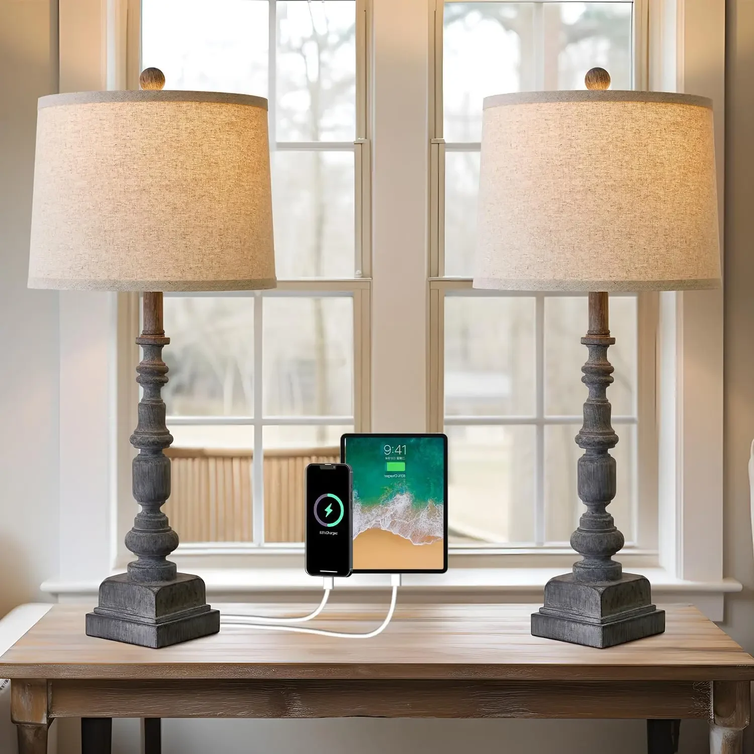 Oneach 27,75" Vintage Farmhouse USB A+C Tischlampen 2er-Set für Wohnzimmer Traditionelle Nachttischlampen für Schlafzimmer Büro Mid