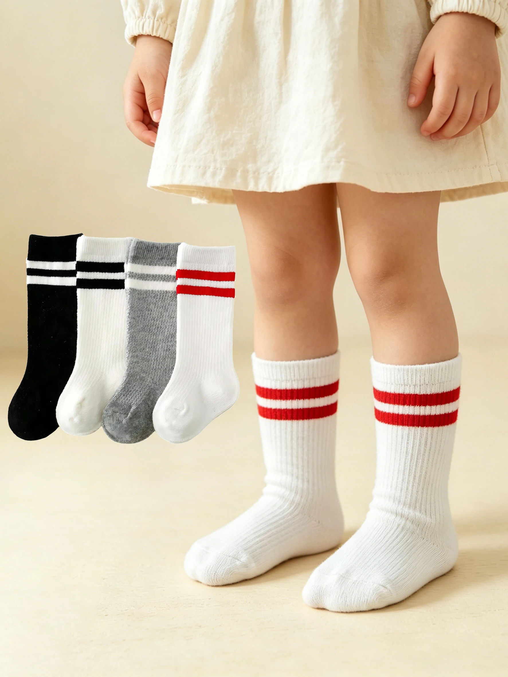Cotton Crew Sock Pack - 4팩 아기 유아용 스트라이프 크루삭스 0-8세용