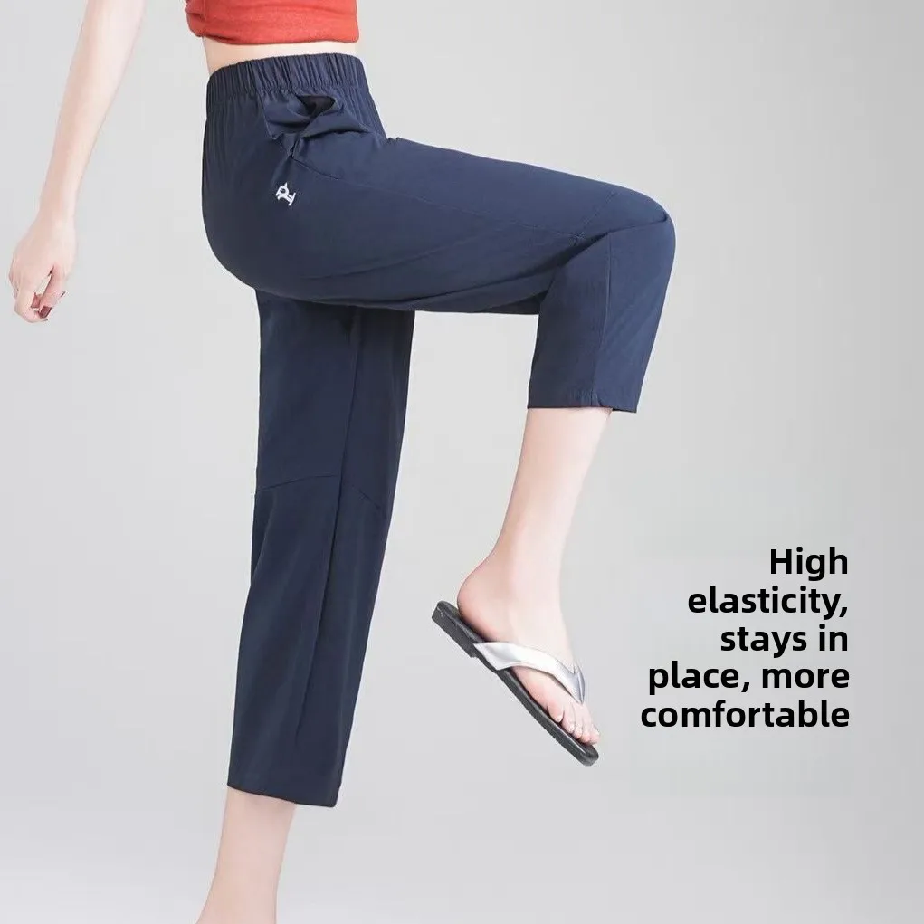 Slimming Women's Capri Pants Elastic Waistband Double Pocket Embroidery Thin Cotton Summer Casual Trousers for Petite Women