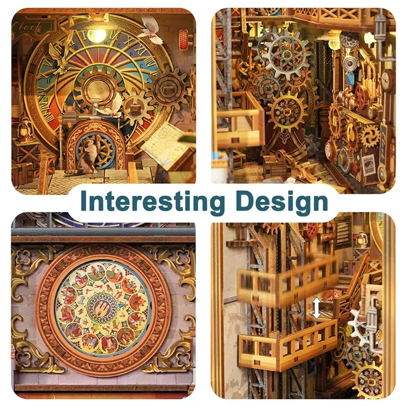 Bell tower double-sided book Nook Czech astronomical clock mechanical doll house 3D puzzle lighting function