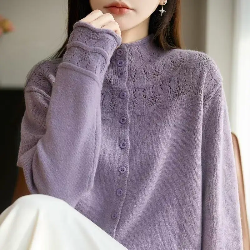 

Elegant Knit Cardigan With Button Front And Hollow Pattern Design For Women Autumn Winter Casual Wear