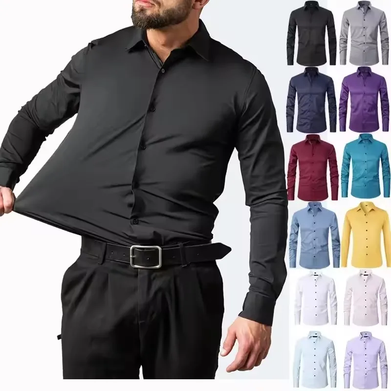 Men's long sleeved shirt, elastic, non ironing, wrinkle resistant, minimalist, business casual, silky, and traceless white shirt