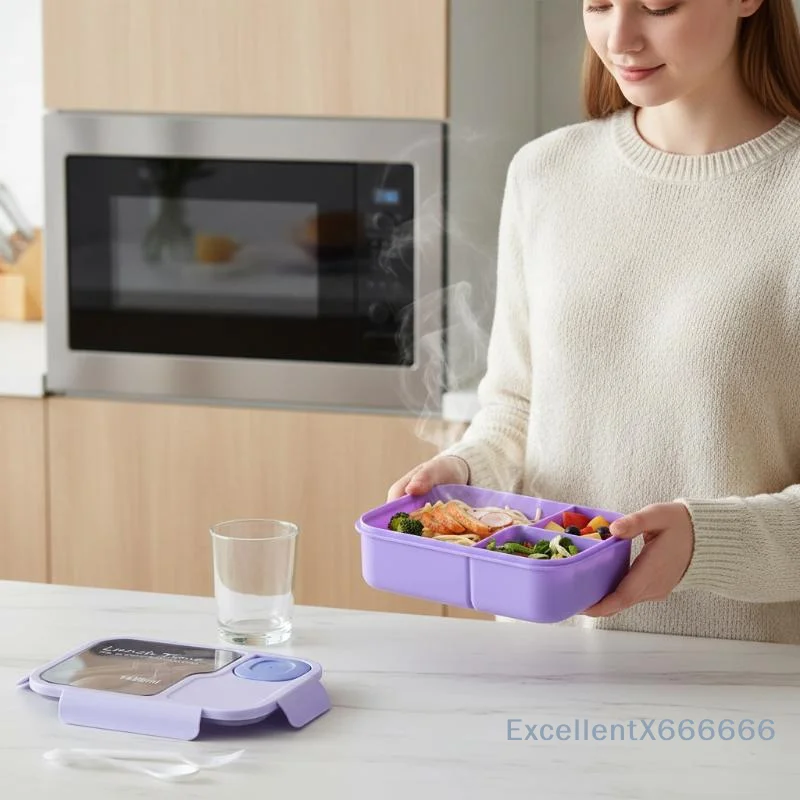 Bento Lunch Box For Kids Girls Cartoon Students Kawaii Cute Heated 3 Grid Sandwich Snack Food Canteen Storage Box