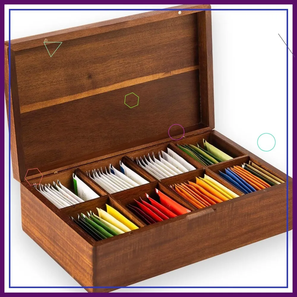 

Wooden Tea Bag Organizer with 8 Compartments, Acacia Wood Storage Box for Tea Bags and Home Decoration
