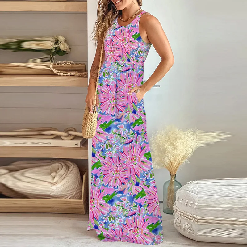 

Summer High Waist Sleeveless Long Dress For Women Loose Relaxed Flower Print Pocket