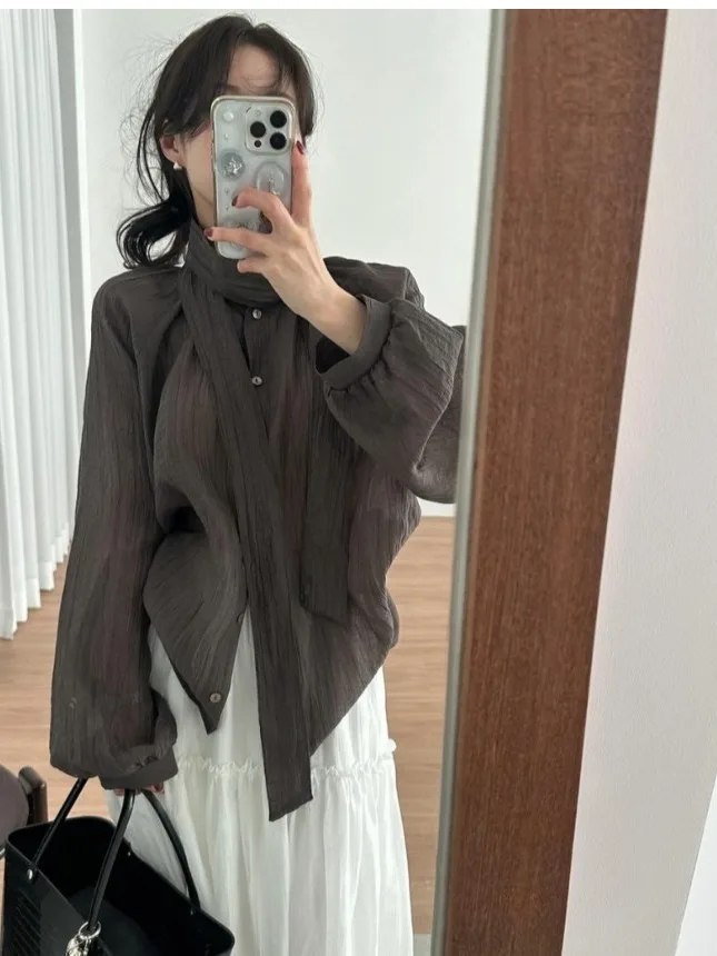Gentle Wind Long Sleeve Women's Shirt Spring 2026 Stand Collar Belt Design Texture Folded Loose Korean Style Thin Cardigan