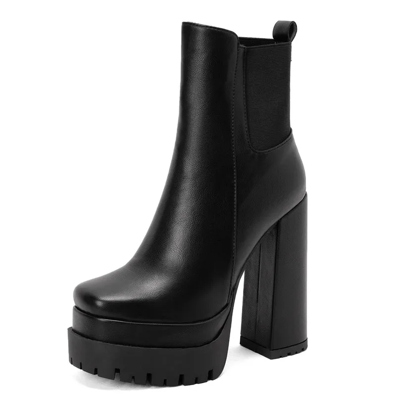 Women\'s Ankle Boots Platform Trends Black Short Boot Winter Autumn Leather Gothic Punk Heels Party Shoes Lady Large Size 45