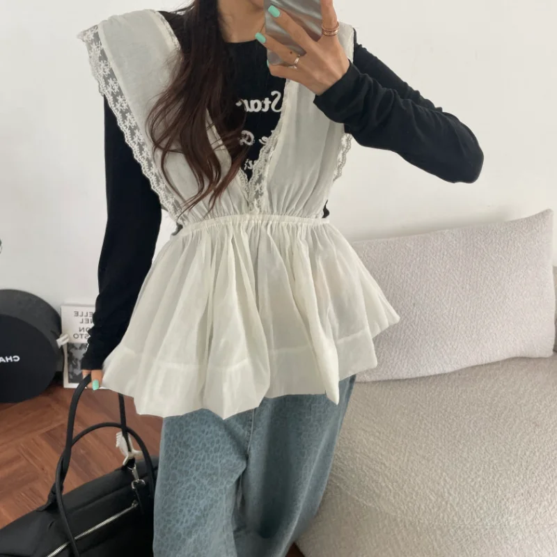 

Korean Style Lace Splice Deep Collar Sleeveless Waist Cinched Vest Top Women Summer New Style White Floral Print Casual Wear