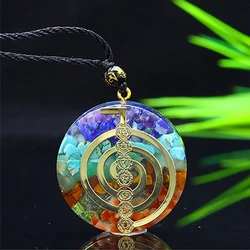 Natural Reiki Cho Ku Rei Symbol Orgone Pendant with 7 Chakra Chip Stones Red Agate Amethyst Tiger Eye Healing Crystals Necklace
