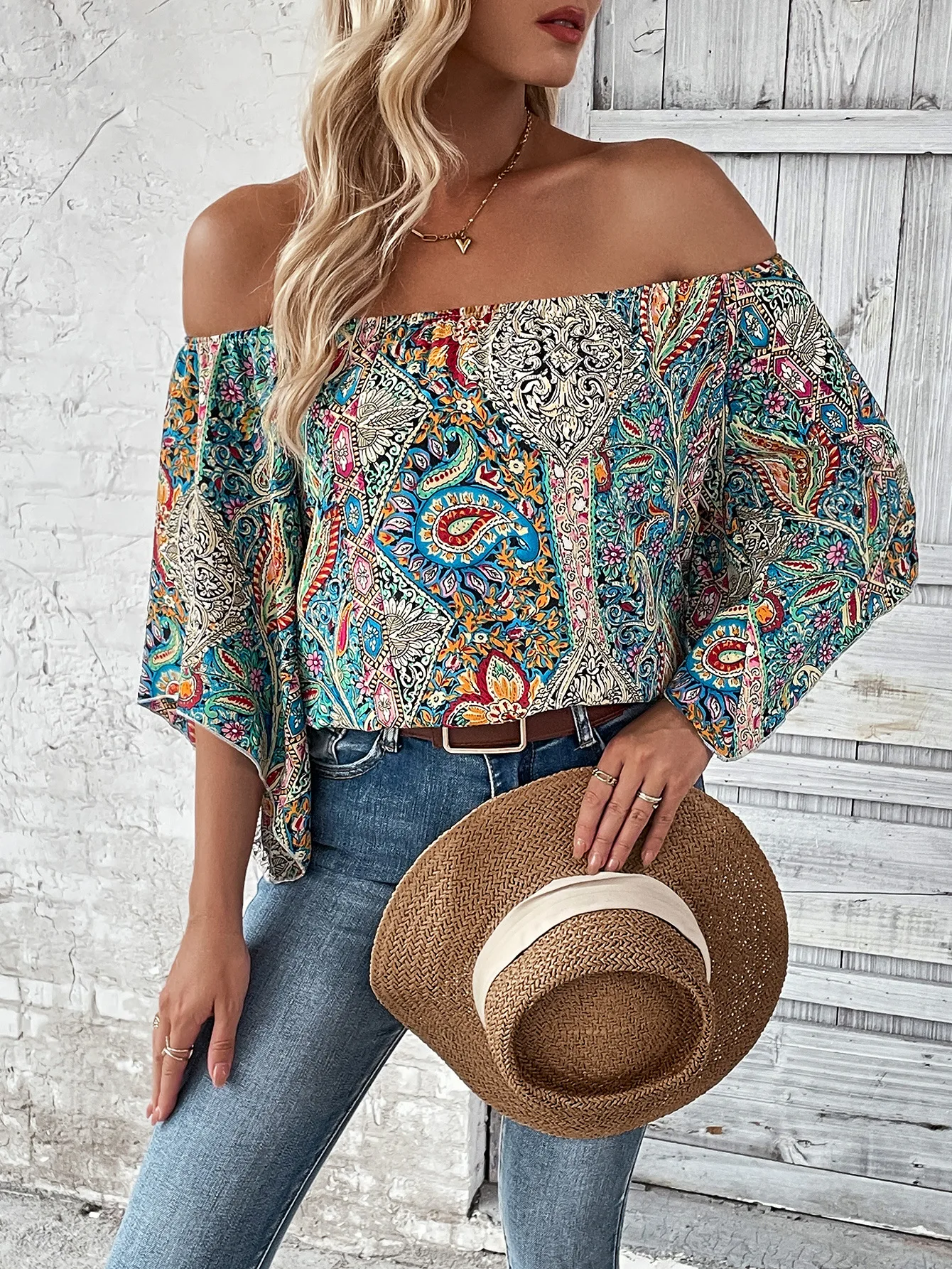 Summer Women's One Line Neck Off Shoulder Retro Ethnic Style Paisley Printed Short sleeved Top Bohemian Style Short sleeved