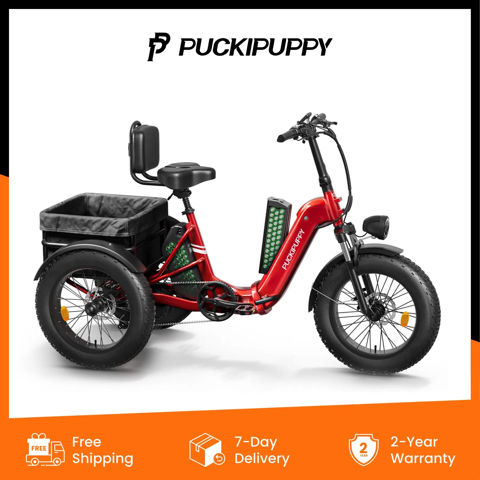 성인용 PUCKIPUPPY 전기 삼륜차, 주행거리 110마일, 48V/15&17.4Ah 탈착식 배터리, 500파운드 적재 가능, 20인치 광폭 타이어 전기 삼륜차