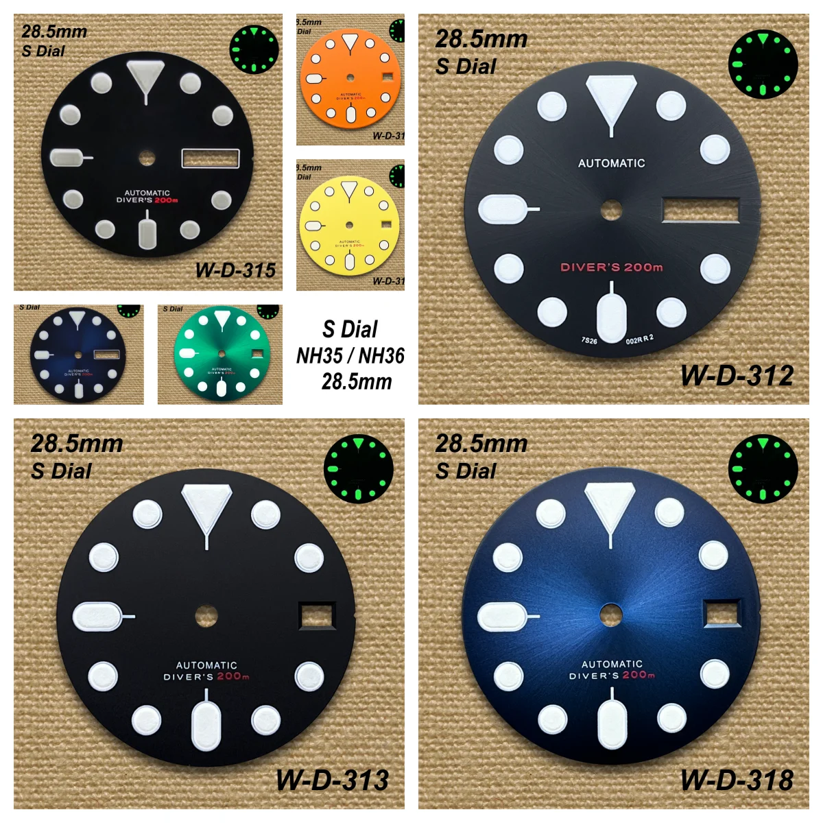 

28.5mm S Logo SKX007 Dial Fit NH35/NH36 Movement Green Luminous Matte/sunray Dual Calendar Dial Watch Modification Accessories