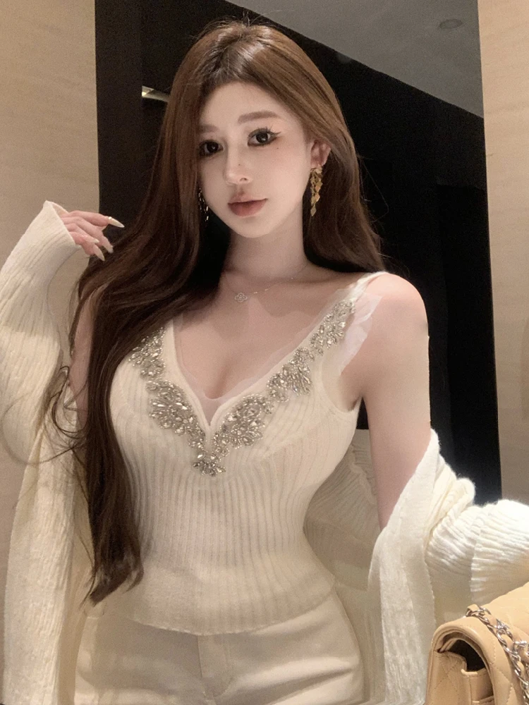 

Pure Desire, сексуальный облегающий жилет с v-образным вырезом и тяжелыми бриллиантами, свободный утягивающий вязаный открытый кардиган, комплект из модных женщин...