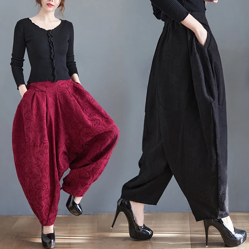 Netzfarbene bestickte Faltenhose, lockere Passform, Freizeithose, große Größe, faion Laternenhose für Damen, Baggy-Leggings