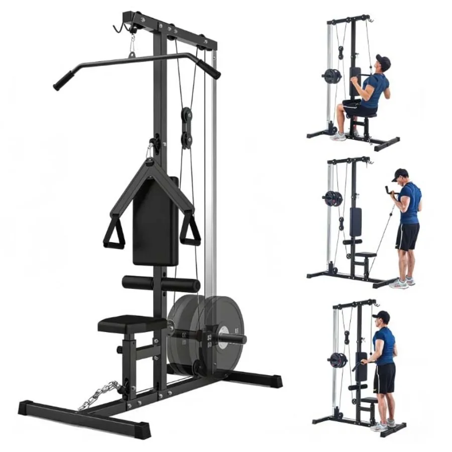 Multi-Functional LAT Pulldown Machine with High and Low Pulley Station for Home Gym Row Cable Machine with Leg Support Tricep W