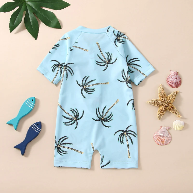 2023-02-17 Lioraitiin 0-5Years Toddler Girls Boys Summer Romper Swimwear Blue Short Sleeve Tropical Tree Print Zipper Romper