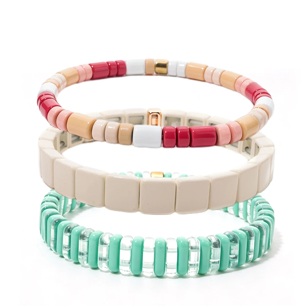 BEUTIFOR 3pcs Off White Color Enamel Bracelets For Women Tube Beads Shaped Elastic Bangle Wrap Sets Accessory