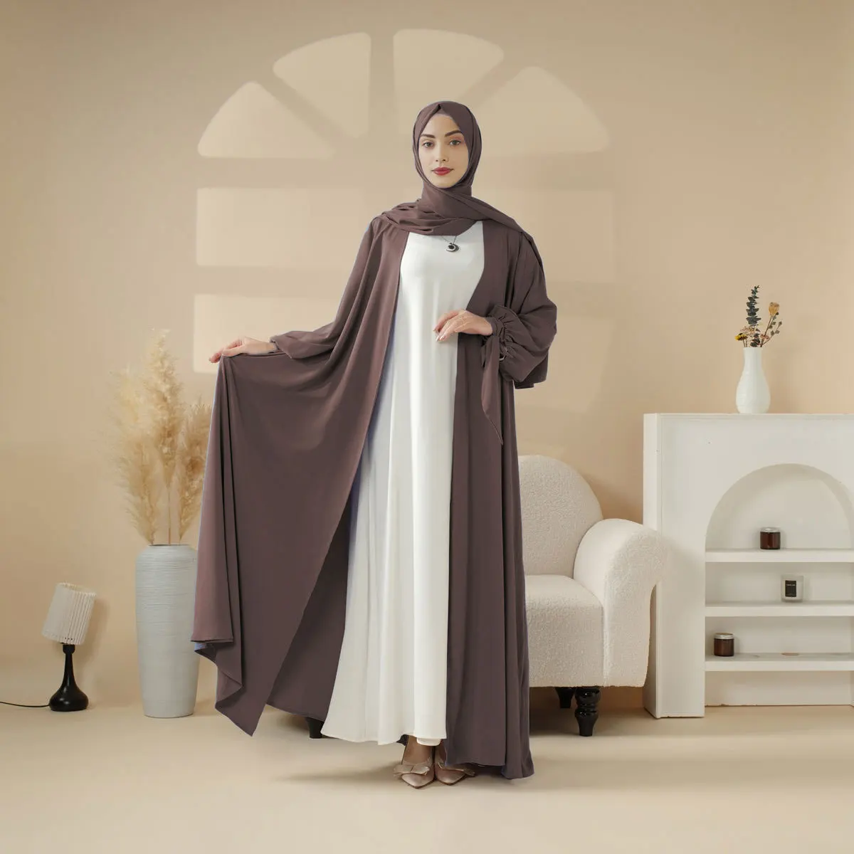 Uni muçulmano cor sólida gravata cintura modesta aberta abaya elegante feminino maxi comprimento vestido roupas islâmicas sem interior sem hjiba