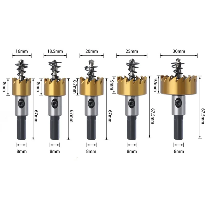 Набор из 5 предметов из высокоскоростной стали для сверления отверстий диаметром 16–30 мм, подходит для металла, меди, нержавеющей стали и железной пластины Dur