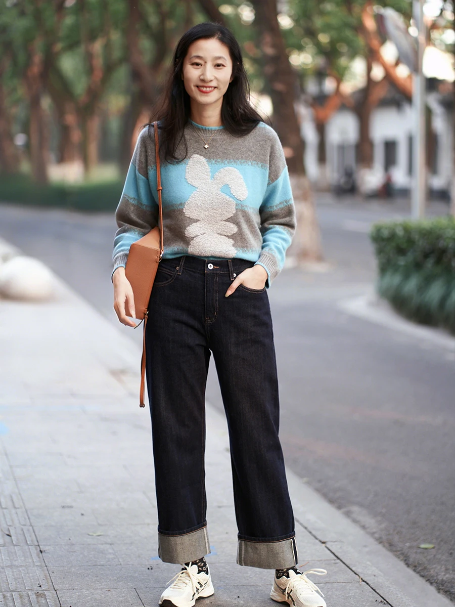 

Джинсы с манжетами Fier Red, повседневные брюки из чистого хлопка с прямыми штанинами, двусторонние утягивающие темно-синие джинсы для женщин