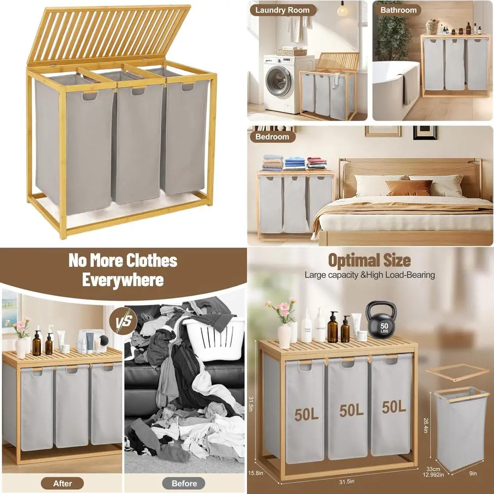 

3-Section Laundry Hamper with Lid and Removable Bags, 150L Sorter for Laundry Room and Bathroom (Gray)