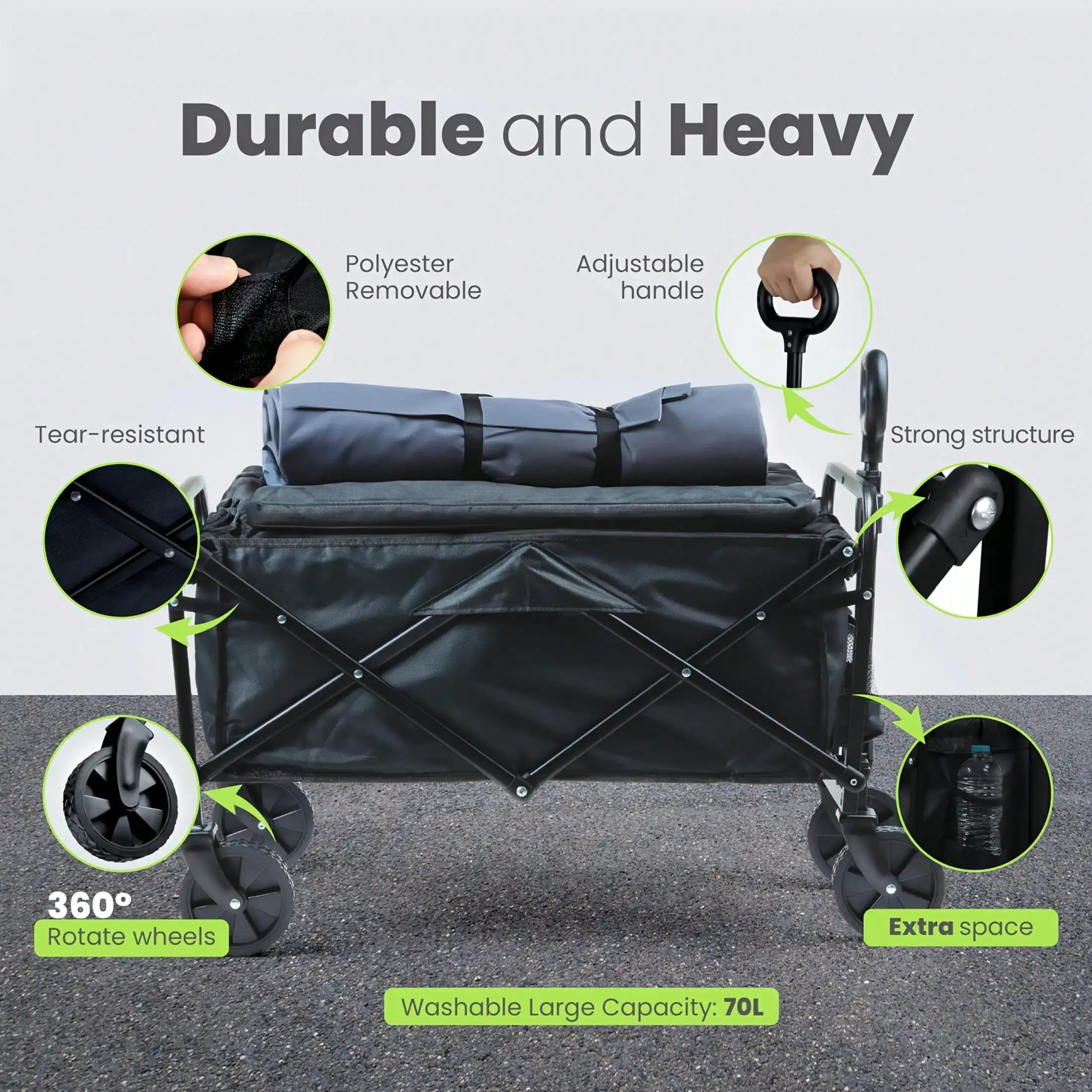 Foldable Wagon Cart Heavy Duty Black Alloy Steel Frame 600D Oxford Fabric 680 LBS Collapsible Utility Cart With 4 All-Terrain Wh