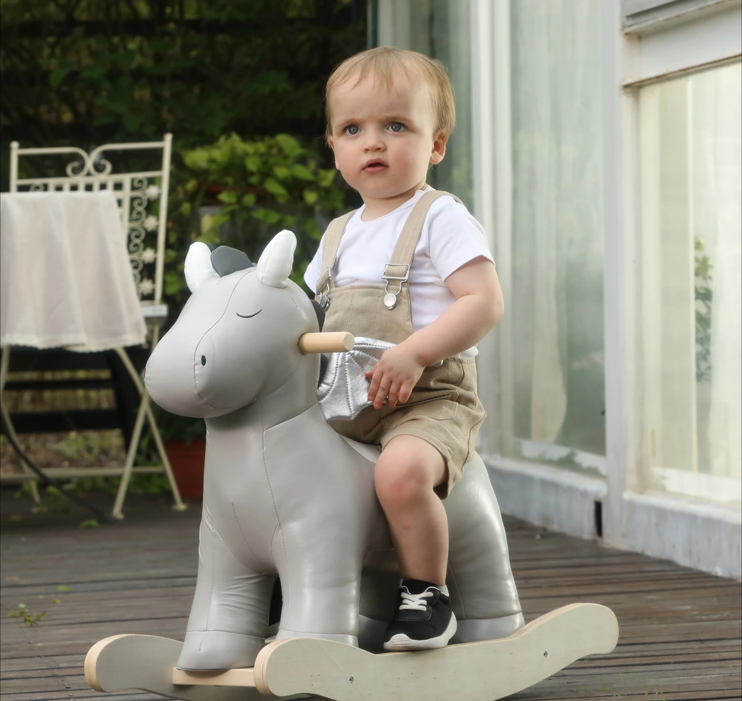 Caballo mecedora de madera de cuero macizo para bebé, silla de oso Polar, caballo mecedora pequeño, juguete para regalo para niños, caballo de juguete