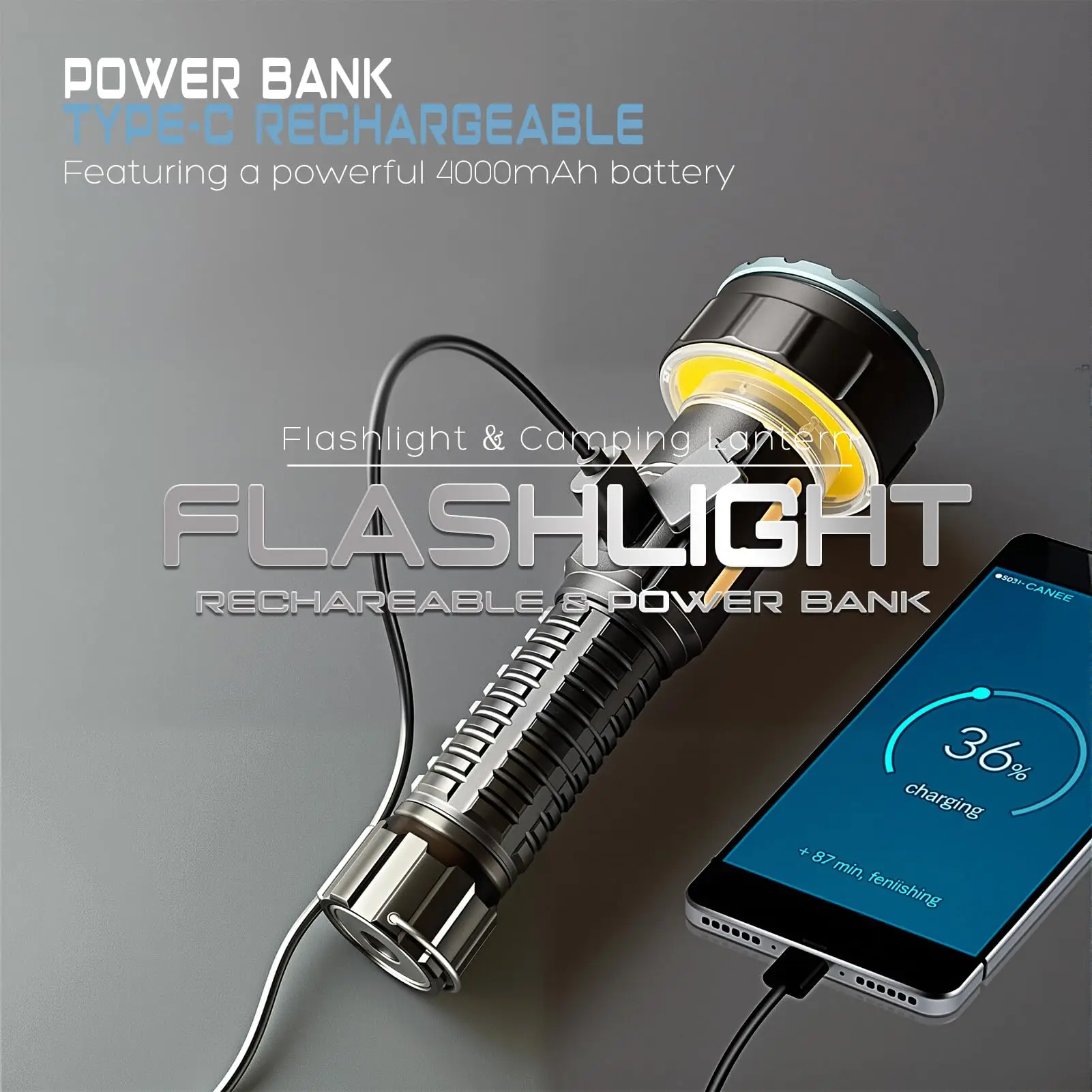 High-Lumen Zoomable Flashlight, Built-in Power Bank & Camping Lantern, USB-C Rechargeable With Tail Magnet For Outdoor