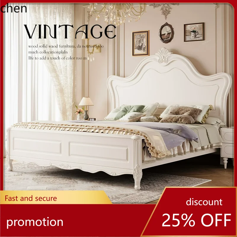 

CZ Solid Wood Bed Modern Simple 1.8m Master Bedroom Princess 1.5m Cream Style Second Bedroom Bed Double Bed